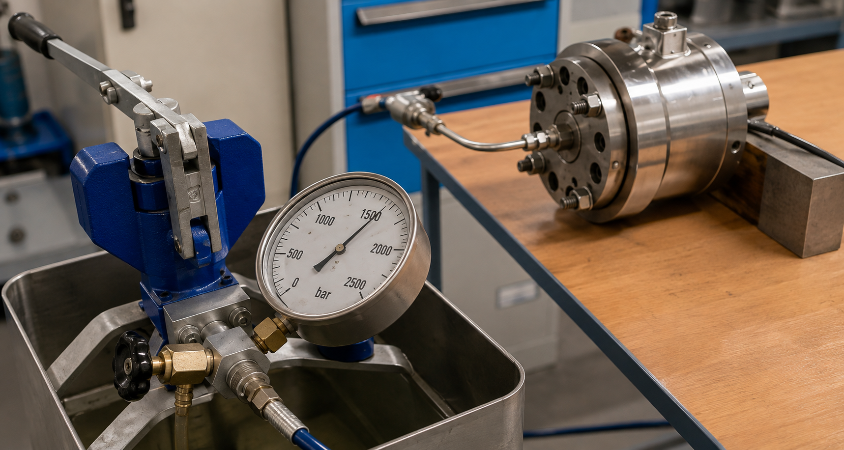 Hochdruckprüfung einer Edelstahlpumpe mit Prüfpumpe und Manometer
