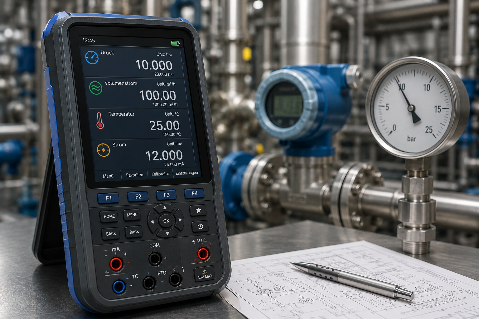 Digitaler Prozesskalibrator zur Messung und Umrechnung technischer Größen wie Druck, Temperatur und Volumenstrom.